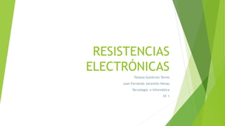 RESISTENCIAS
ELECTRÓNICAS
Tatiana Gutiérrez Torres
Juan Fernando Jaramillo Henao
Tecnología e informática
10°1
 