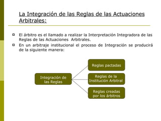La Integración de las Reglas de las Actuaciones Arbitrales: El árbitro es el llamado a realizar la Interpretación Integradora de las Reglas de las Actuaciones  Arbitrales. En un arbitraje institucional el proceso de Integración se producirá de la siguiente manera: Integración de las Reglas Reglas pactadas Reglas de la Institución Arbitral Reglas creadas por los árbitros 