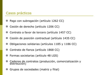Casos prácticos Pago con subrogación (artículo 1262 CC) Cesión de derecho (artículo 1206 CC) Contrato a favor de tercero (artículo 1457 CC) Cesión de posición contractual (artículo 1435 CC) Obligaciones solidarias (artículos 1185 y 1186 CC) Contrato de fianza (artículo 1868 CC) Formas societarias (artículo 48 LGS) Cadenas de contratos (producción, comercialización y distribución) Grupos de sociedades (matriz y filial) 