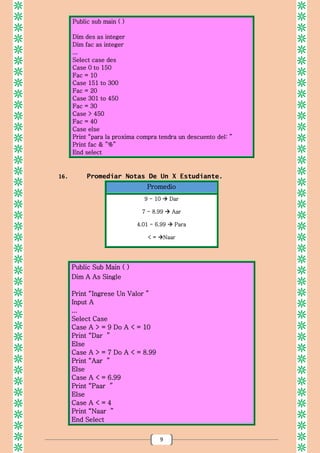 9
Public sub main ( )
Dim des as integer
Dim fac as integer
...
Select case des
Case 0 to 150
Fac = 10
Case 151 to 300
Fac = 20
Case 301 to 450
Fac = 30
Case > 450
Fac = 40
Case else
Print “para la proxima compra tendra un descuento del: ”
Print fac & ”%”
End select
16. Promediar Notas De Un X Estudiante.
Promedio
9 - 10  Dar
7 - 8.99  Aar
4.01 - 6.99  Para
< = Naar
Public Sub Main ( )
Dim A As Single
Print “Ingrese Un Valor ”
Input A
...
Select Case
Case A > = 9 Do A < = 10
Print “Dar ”
Else
Case A > = 7 Do A < = 8.99
Print “Aar ”
Else
Case A < = 6.99
Print “Paar ”
Else
Case A < = 4
Print “Naar ”
End Select
 