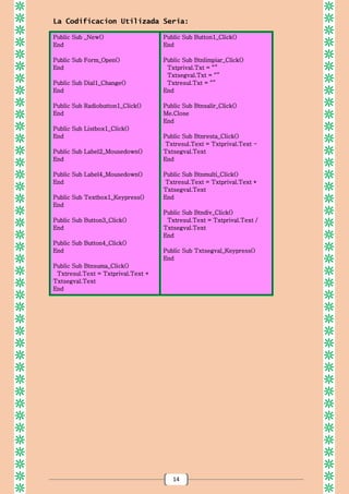 14
La Codificacion Utilizada Seria:
Public Sub _New()
End
Public Sub Form_Open()
End
Public Sub Dial1_Change()
End
Public Sub Radiobutton1_Click()
End
Public Sub Listbox1_Click()
End
Public Sub Label2_Mousedown()
End
Public Sub Label4_Mousedown()
End
Public Sub Textbox1_Keypress()
End
Public Sub Button3_Click()
End
Public Sub Button4_Click()
End
Public Sub Btnsuma_Click()
Txtresul.Text = Txtprival.Text +
Txtsegval.Text
End
Public Sub Button1_Click()
End
Public Sub Btnlimpiar_Click()
Txtprival.Txt = “”
Txtsegval.Txt = “”
Txtresul.Txt = “”
End
Public Sub Btnsalir_Click()
Me.Close
End
Public Sub Btnresta_Click()
Txtresul.Text = Txtprival.Text -
Txtsegval.Text
End
Public Sub Btnmulti_Click()
Txtresul.Text = Txtprival.Text *
Txtsegval.Text
End
Public Sub Btndiv_Click()
Txtresul.Text = Txtprival.Text /
Txtsegval.Text
End
Public Sub Txtsegval_Keypress()
End
 