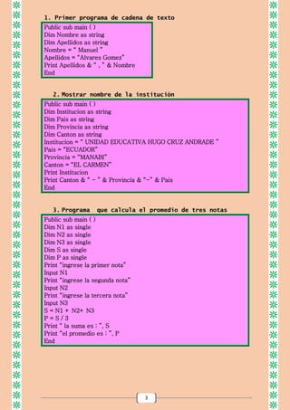 3
1. Primer programa de cadena de texto
2. Mostrar nombre de la institución
Public sub main ( )
Dim Institucion as string
Dim Pais as string
Dim Provincia as string
Dim Canton as string
Institucion = “ UNIDAD EDUCATIVA HUGO CRUZ ANDRADE ”
Pais = “ECUADOR”
Provincia = “MANABI”
Canton = “EL CARMEN”
Print Institucion
Print Canton & “ - ” & Provincia & “-” & Pais
End
3. Programa que calcula el promedio de tres notas
Public sub main ( )
Dim N1 as single
Dim N2 as single
Dim N3 as single
Dim S as single
Dim P as single
Print “ingrese la primer nota”
Input N1
Print “ingrese la segunda nota”
Input N2
Print “ingrese la tercera nota”
Input N3
S = N1 + N2+ N3
P = S / 3
Print “ la suma es : ”, S
Print “el promedio es : ”, P
End
Public sub main ( )
Dim Nombre as string
Dim Apellidos as string
Nombre = “ Manuel ”
Apellidos = “Alvares Gomez”
Print Apellidos & “ , ” & Nombre
End
 