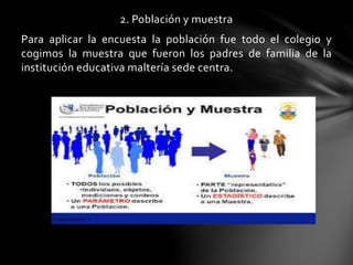 2. Población y muestra
Para aplicar la encuesta la población fue todo el colegio y
cogimos la muestra que fueron los padres de familia de la
institución educativa maltería sede centra.
 