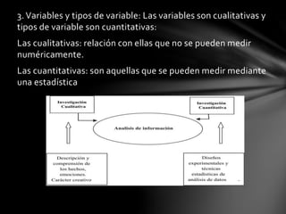 3.Variables y tipos de variable: Las variables son cualitativas y
tipos de variable son cuantitativas:
Las cualitativas: relación con ellas que no se pueden medir
numéricamente.
Las cuantitativas: son aquellas que se pueden medir mediante
una estadística
 