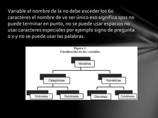 Variable el nombre de la no debe exceder los 60
caracteres el nombre de ve ser único eso significa spss no
puede terminar en punto, no se puede usar espacios no
usar caracteres especiales por ejemplo signo de pregunta
o x y no se puede usar las palabras.
 