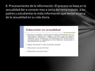 8. Procesamiento de la información: El proceso se baso en la
sexualidad dar a conocer mas a cerca del tema tratado a los
padres y estudiantes la mala información que tenían a cerca
de la sexualidad en su vida diaria.
 