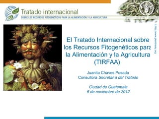 http://www.planttreaty.org
                                            http://www.planttreaty.org
  El Tratado Internacional sobre
los Recursos Fitogenéticos para
 la Alimentación y la Agricultura
            (TIRFAA)
         Juanita Chaves Posada
     Consultora Secretaría del Tratado

          Ciudad de Guatemala
         6 de noviembre de 2012
 