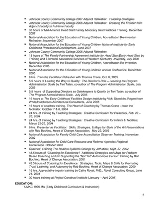 
























Johnson County Community College 2007 Adjunct Refresher: Teaching Strategies
Johnson County Community College 2006 Adjunct Refresher: Crossing the Frontier from
Adjunct Faculty to Full-time Faculty
36 hours of Mid-America Head Start Family Advocacy Best Practices Training, December
2007
National Association for the Education of Young Children, Accreditation Re-invention
Refresher, November 2007
National Association for the Education of Young Children National Institute for Early
Childhood Professional Development, June 2007
Johnson County Community College 2006 Adjunct Refresher:
13 hours of The Family Partnership Agreement Institute for Head Start/Early Head Start by
Training and Technical Assistance Services of Western Kentucky University, July 2006
National Association for the Education of Young Children, Accreditation Re-Invention,
December 2005
National Association for the Education of Young Children Annual Conference, December
2005
6 hrs. Train the Facilitator Refresher with Thomas Crane, Oct. 6, 2005
5.5 hours of Leading the Way to Quality: The Director’s Role – Learning the Program
Administration Scale by Teri Talan, co-author of The Program Administration Scale, July
2005
5.5 hours of Supporting Directors as Gatekeepers to Quality by Teri Talan, co-author of
The Program Administration Scale, July 2005
16 hours at The Early Childhood Facilities Design Institute by Vicki Stoecklin, Regent from
White/Hutchinson Architectural Consultants, June 2005
16 hours of coaches training, The Heart of Coaching by Thomas Crane – train the
facilitator, October 7 & 8, 2004
24 hrs. of training by Teaching Strategies: Creative Curriculum for Preschool, Feb. 23 –
26, 2004
24 hrs. of training by Teaching Strategies: Creative Curriculum for Infants & Toddlers,
March 22-25, 2004
6 hrs. Presenter as Facilitator: Skills, Strategies, & Maps for State of the Art Presentations
with Rob Bochino, Heart of Change Association, May 22, 2003
National Association for Family Child Care Accreditation Observer Training, November,
2002
National Association for Child Care Resource and Referral Agencies Regional
Conference, October 2002
Coaches’ Training The Road to Systems Change by Jeff Miller, Sept. 27, 2002
48.5 hours of “Coaching for Excellence? Additional Strategies and Maps for ProblemBased Coaching and for Supporting the “Not Yet” Autonomous Person” training by Rob
Bochino, Heart of Change Association, 2001
48.5 hours of Coaching for Excellence: Strategies, Tools, Maps & Skills for Promoting
Trust, Learning, and Autonomy by Rob Bochino, Heart of Change Association, 2000
16 hrs. Appreciative Inquiry training by Cathy Royal, PhD., Royal Consulting Group, June
21, 2001
30 hours training at Project Construct Institute (January – April 2001)

EDUCATION:
UMKC 1996 MA (Early Childhood Curriculum & Instruction)

5

 