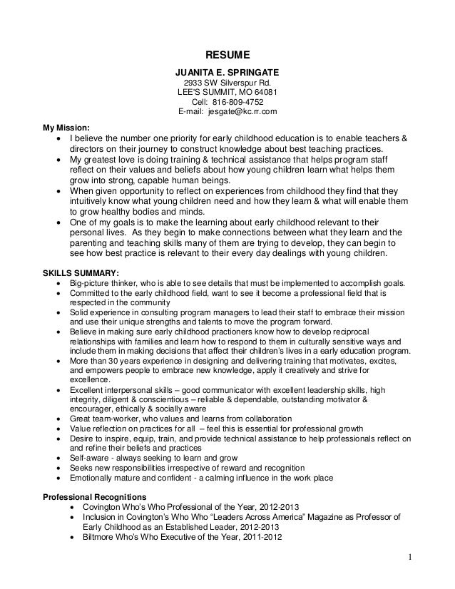 juanita springate resume 13 ec objective early childhood education resume objective