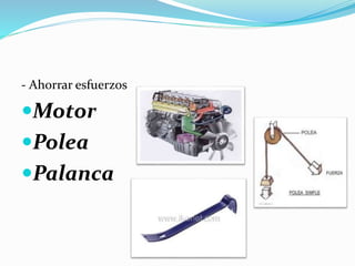 - Ahorrar esfuerzos
Motor
Polea
Palanca