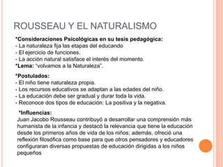 ROUSSEAU Y EL NATURALISMO*Consideraciones Psicológicas en su tesis pedagógica:- La naturaleza fija las etapas del educando- El ejercicio de funciones.- La acción natural satisface el interés del momento.*Lema: “volvamos a la Naturaleza”.*Postulados:- El niño tiene naturaleza propia.- Los recursos educativos se adaptan a las edades del niño.- La educación debe ser gradual y durar toda la vida.- Reconoce dos tipos de educación: La positiva y la negativa. *Influencias:Juan Jacobo Rousseau contribuyó a desarrollar una comprensión más humanista de la infancia y destacó la relevancia que tiene la educación desde los primeros años de vida de los niños; además, ofreció una reflexión filosófica como base para que otros pensadores y educadores configuraran diversas propuestas de educación dirigidas a los niños pequeños