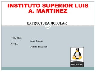 INSTITUTO SUPERIOR LUIS
      A. MARTINEZ

         EXTRUCTURA MODULAR


NOMBRE
          Juan Jordan
NIVEL
          Quinto Sistemas
 