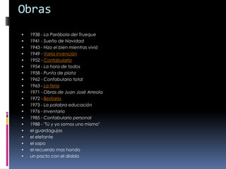 Obras1938 - La Parábola del Trueque1941 - Sueño de Navidad1943 - Hizo el bien mientras vivió1949 - Varia invención1952 - Confabulario1954 - La hora de todos1958 - Punta de plata1962 - Confabulario total1963 - La feria1971 - Obras de Juan José Arreola1972 - Bestiario1973 - La palabra educación1976 - Inventario1985 - Confabulario personal1988 - "Tú y yo somos uno mismo" el guardagujas el elefante el sapo el recuerdo mas hondo un pacto con el diablo 