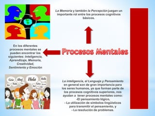 La Memoria y también la Percepción juegan un
importante rol entre los procesos cognitivos
básicos.
La inteligencia, el Lenguaje y Pensamiento
en general son de gran importancia para
los seres humanos, ya que forman parte de
los procesos cognitivos superiores, nos
ayudan a tener procesos mentales como:
-El pensamiento lógico,
- La utilización de símbolos lingüísticos
para transmitir el pensamiento, y
- La resolución de problemas.
En los diferentes
procesos mentales se
pueden encontrar los
siguientes: Inteligencia,
Aprendizaje, Memoria,
Creatividad,
Sentimiento y Emoción
 