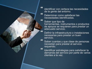    identificar con certeza las necesidades
    de la gente del entorno.
   Determinar como satisfacer las
    necesidades identificadas.
   Saber que tipo de
    herramientas, instrumentos o productos
    de apoyos se requieren para prestar un
    adecuado servicio.
   Definir la infraestructura o instalaciones
    necesarias para prestar un buen
    servicio.
   Saber cuantas y que clase de personas
    necesitan para prestar el servicio
    requerido.
   Identificar estrategias para satisfacer la
    demanda del servicio por parte de varios
    clientes a la vez.
 