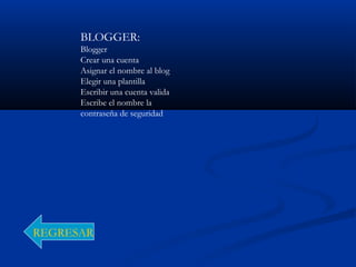 BLOGGER:
Blogger
Crear una cuenta
Asignar el nombre al blog
Elegir una plantilla
Escribir una cuenta valida
Escribe el nombre la
contraseña de seguridad
REGRESAR
 