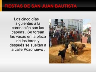 FIESTAS DE SAN JUAN BAUTISTA Los cinco días siguientes a la coronación son las capeas . Se torean las vacas en la plaza de los toros y después se sueltan a la calle Pozonuevo . 