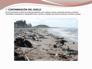  CONTAMINACÓN DEL SUELO
Es la incorporación al suelo de sustancias extrañas como residuos, basura, sustancias químicas y residuos
industriales, produciendo un desequilibrio físico, químico y biológico que afecta a personas, animales y plantas.
 