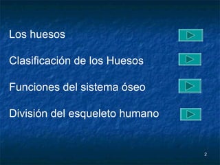 Los huesos Clasificación de los Huesos Funciones del sistema óseo División del esqueleto humano