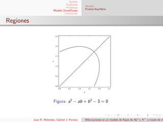 Outline
Trasfondo
Problema
Modelo Simpliﬁcado
Concluci´on
Modelo
Puntos Equilibrio
Regiones
Figura: a2
− ab + b2
− 3 = 0
Juan R. Melendez, Gabriel J. Porrata Bifurcaciones en un modelo de ﬂujos de Na+
y K+
a trav´es de m
 