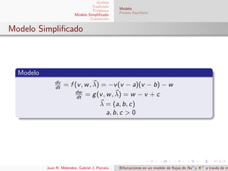 Outline
Trasfondo
Problema
Modelo Simpliﬁcado
Concluci´on
Modelo
Puntos Equilibrio
Modelo Simpliﬁcado
Modelo
dv
dt = f (v, w, λ) = −v(v − a)(v − b) − w
dw
dt = g(v, w, λ) = w − v + c
λ = (a, b, c)
a, b, c > 0
Juan R. Melendez, Gabriel J. Porrata Bifurcaciones en un modelo de ﬂujos de Na+
y K+
a trav´es de m
 
