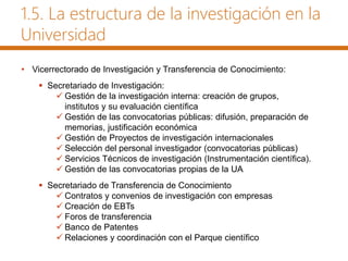 1.5. La estructura de la investigación en la
Universidad
• Vicerrectorado de Investigación y Transferencia de Conocimiento:
 Secretariado de Investigación:
 Gestión de la investigación interna: creación de grupos,
institutos y su evaluación científica
 Gestión de las convocatorias públicas: difusión, preparación de
memorias, justificación económica
 Gestión de Proyectos de investigación internacionales
 Selección del personal investigador (convocatorias públicas)
 Servicios Técnicos de investigación (Instrumentación científica).
 Gestión de las convocatorias propias de la UA
 Secretariado de Transferencia de Conocimiento
 Contratos y convenios de investigación con empresas
 Creación de EBTs
 Foros de transferencia
 Banco de Patentes
 Relaciones y coordinación con el Parque científico
 