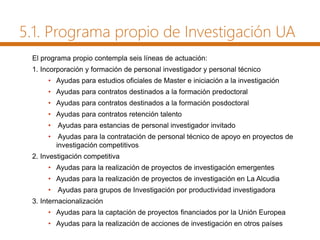 5.1. Programa propio de Investigación UA
El programa propio contempla seis líneas de actuación:
1. Incorporación y formación de personal investigador y personal técnico
• Ayudas para estudios oficiales de Master e iniciación a la investigación
• Ayudas para contratos destinados a la formación predoctoral
• Ayudas para contratos destinados a la formación posdoctoral
• Ayudas para contratos retención talento
• Ayudas para estancias de personal investigador invitado
• Ayudas para la contratación de personal técnico de apoyo en proyectos de
investigación competitivos
2. Investigación competitiva
• Ayudas para la realización de proyectos de investigación emergentes
• Ayudas para la realización de proyectos de investigación en La Alcudia
• Ayudas para grupos de Investigación por productividad investigadora
3. Internacionalización
• Ayudas para la captación de proyectos financiados por la Unión Europea
• Ayudas para la realización de acciones de investigación en otros países
 