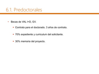 • Becas de VAL I+D, GV.
 Contrato para el doctorado. 3 años de contrato.
 70% expediente y curriculum del solicitante.
 30% memoria del proyecto.
6.1. Predoctorales
 