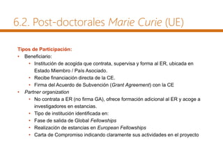6.2. Post-doctorales Marie Curie (UE)
Tipos de Participación:
• Beneficiario:
• Institución de acogida que contrata, supervisa y forma al ER, ubicada en
Estado Miembro / País Asociado.
• Recibe financiación directa de la CE.
• Firma del Acuerdo de Subvención (Grant Agreement) con la CE
• Partner organization
• No contrata a ER (no firma GA), ofrece formación adicional al ER y acoge a
investigadores en estancias.
• Tipo de institución identificada en:
• Fase de salida de Global Fellowships
• Realización de estancias en European Fellowships
• Carta de Compromiso indicando claramente sus actividades en el proyecto
 