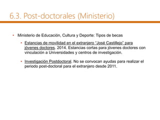 6.3. Post-doctorales (Ministerio)
• Ministerio de Educación, Cultura y Deporte: Tipos de becas
• Estancias de movilidad en el extranjero “José Castillejo” para
jóvenes doctores. 2014. Estancias cortas para jóvenes doctores con
vinculación a Universidades y centros de investigación.
• Investigación Postdoctoral. No se convocan ayudas para realizar el
periodo post-doctoral para el extranjero desde 2011.
 