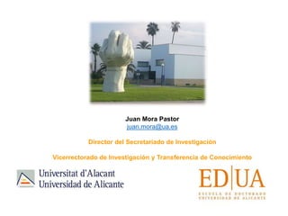 Juan Mora Pastor
juan.mora@ua.es
Director del Secretariado de Investigación
Vicerrectorado de Investigación y Transferencia de Conocimiento
 