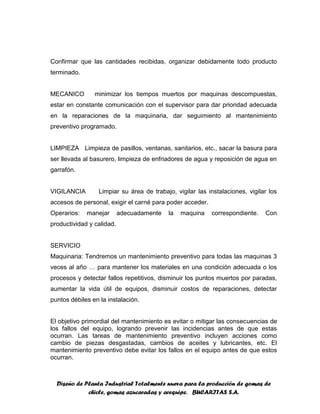 Diseño de Planta Industrial Totalmente nueva para la producción de gomas de
chicle, gomas azucaradas y arequipe. BUCARITAS S.A.
Confirmar que las cantidades recibidas, organizar debidamente todo producto
terminado.
MECANICO minimizar los tiempos muertos por maquinas descompuestas,
estar en constante comunicación con el supervisor para dar prioridad adecuada
en la reparaciones de la maquinaria, dar seguimiento al mantenimiento
preventivo programado.
LIMPIEZA Limpieza de pasillos, ventanas, sanitarios, etc., sacar la basura para
ser llevada al basurero, limpieza de enfriadores de agua y reposición de agua en
garrafón.
VIGILANCIA Limpiar su área de trabajo, vigilar las instalaciones, vigilar los
accesos de personal, exigir el carné para poder acceder.
Operarios: manejar adecuadamente la maquina correspondiente. Con
productividad y calidad.
SERVICIO
Maquinaria: Tendremos un mantenimiento preventivo para todas las maquinas 3
veces al año … para mantener los materiales en una condición adecuada o los
procesos y detectar fallos repetitivos, disminuir los puntos muertos por paradas,
aumentar la vida útil de equipos, disminuir costos de reparaciones, detectar
puntos débiles en la instalación.
El objetivo primordial del mantenimiento es evitar o mitigar las consecuencias de
los fallos del equipo, logrando prevenir las incidencias antes de que estas
ocurran. Las tareas de mantenimiento preventivo incluyen acciones como
cambio de piezas desgastadas, cambios de aceites y lubricantes, etc. El
mantenimiento preventivo debe evitar los fallos en el equipo antes de que estos
ocurran.
 