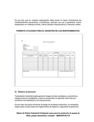 Diseño de Planta Industrial Totalmente nueva para la producción de gomas de
chicle, gomas azucaradas y arequipe. BUCARITAS S.A.
Es por eso que en nuestra organización debe tomar la mayor importancia los
mantenimientos preventivos y predictivos, quienes nos van a garantizar menor
desperdicio en materias primas, menor tiempos improductivos y menores costos.
FORMATO UTILIZADO PARA EL REGISTRO DE LOS MANTENIMIENTOS.
b) Relativo al personal
Toda planta industrial puede generar riesgos de tipo ecológicos, económicos,
riesgos para los empleados y para el consumidor en general, todo esto por
procesos mal realizados y sin precauciones.
Es por esto que para minimizar el riesgo en la planta productiva, es necesario,
seguir paso a paso todos los reglamentos de higiene y seguridad ocupacional
 