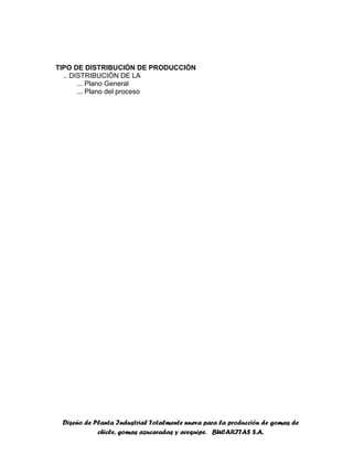 Diseño de Planta Industrial Totalmente nueva para la producción de gomas de
chicle, gomas azucaradas y arequipe. BUCARITAS S.A.
TIPO DE DISTRIBUCIÓN DE PRODUCCIÓN
.. DISTRIBUCIÓN DE LA
... Plano General
... Plano del proceso
 