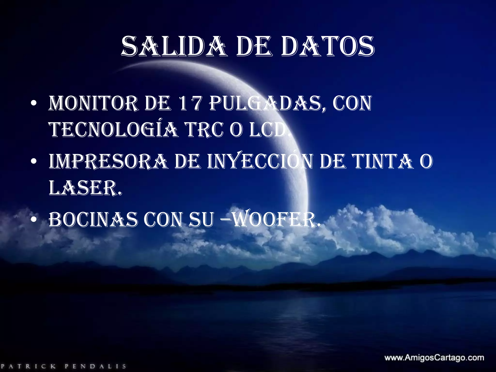 SALIDA DE DATOSMonitor de 17 pulgadas, con tecnología TRC o LCD.Impresora de inyección de tinta o laser.Bocinas con su –woofer.