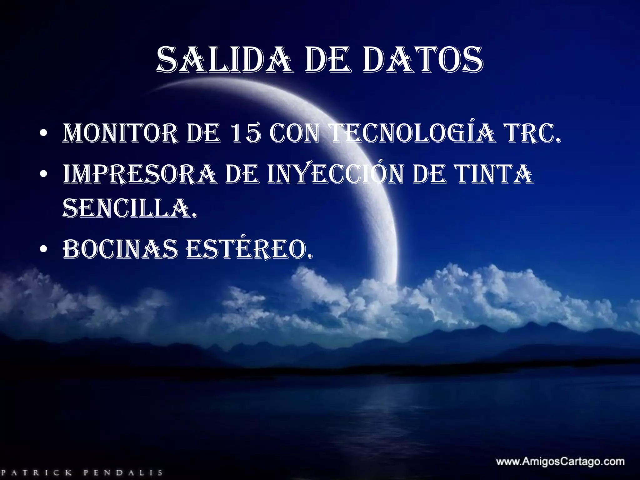 SALIDA DE DATOSMonitor de 15 con tecnología TRC.Impresora de inyección de tinta sencilla.Bocinas estéreo.