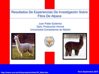 Resultados De Experiencias De Investigación Sobre Fibra De Alpaca Juan Pablo Gutiérrez Dpto. Producción Animal Universidad Complutense de Madrid 