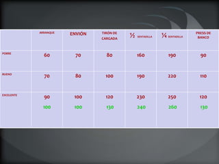 ARRANQUE            TIRÓN DE                                     PRESS DE
                       ENVIÓN              ½   SENTADILLA   ¼   SENTADILLA
                                CARGADA                                       BANCO



POBRE
              60         70       80           160              190            90


BUENO
              70        80       100           190              220            110


EXCELENTE
              90        100       120          230              250            120
             100        100       130          240              260            130
 