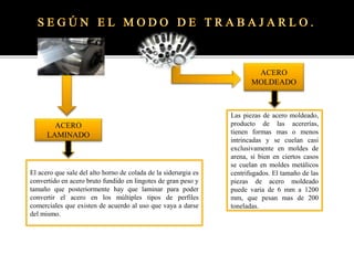 El acero que sale del alto horno de colada de la siderurgia es
convertido en acero bruto fundido en lingotes de gran peso y
tamaño que posteriormente hay que laminar para poder
convertir el acero en los múltiples tipos de perfiles
comerciales que existen de acuerdo al uso que vaya a darse
del mismo.
ACERO
MOLDEADO
ACERO
LAMINADO
Las piezas de acero moldeado,
producto de las acererías,
tienen formas mas o menos
intrincadas y se cuelan casi
exclusivamente en moldes de
arena, si bien en ciertos casos
se cuelan en moldes metálicos
centrifugados. El tamaño de las
piezas de acero moldeado
puede varia de 6 mm a 1200
mm, que pesan mas de 200
toneladas.
 