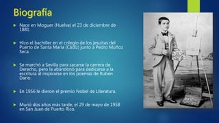  Biografía
 Sus obras
 Etapas
La etapa sensitiva (1898-1916)
La etapa intelectual (1916-1936)
La etapa suficiente o verdadera (1937-1958)
 Platero y yo
 