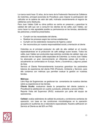 La marca nació hace 12 años, de la mano de la Federación Nacional de Cafeteros
de Colombia, principal accionista de Procafecol, para mejorar la participación del
caficultor en la cadena de valor del café, inclinada crecientemente al negocio de
cafeterías como Starbucks.
Para Juan Valdez Café su clima político se centra en preservar y garantizar la
calidad del café que van a consumir los clientes de los cafés Juan Valdez, así
como hacer lo más agradable posible su permanencia en las tiendas, atendiendo
las peticiones y reclamos presentados.
Cumplir con las necesidades del cliente.
Realizar los procesos según las normas establecidas
Cumplir con los estándares necesarios de higiene y salud
Ser reconocidos por nuestra responsabilidad social y orientación al cliente
Colombia es el principal productor de café de alta calidad en el mundo,
especializándose en la producción de café arábiga suave lavado. Todos los
cafés Juan Valdez son producidos bajo estrictos controles de calidad, bajo una
selección de los mejores cafés especiales de Colombia. La marca Juan Valdez
ha alcanzado un gran reconocimiento en diferentes países del mundo y
actualmente se comercializa en Europa, Norte y Suramérica y algunos países
de Asia.
Servicio al Cliente Permanentemente buscamos garantizar los parámetros
básicos de experiencia del cliente PAS (Producto, Ambiente y Servicio), para
ello contamos con métricas que permiten evaluar la gestión en nuestras
tiendas.
Métricas:
Libro Rojo de Sugerencias: se gestionan los comentarios de nuestros clientes
sobre su experiencia en las tiendas.
Cliente Oculto: evaluamos desde la perspectiva del cliente (externo a
Procafecol) la satisfacción en cuanto a producto, ambiente y servicio (PAS)
Reporte Visita del Supervisor (RVS): evaluación por parte del equipo de
operaciones.
Calidad: evalúa estándares de calidad de producto y condiciones sanitarias de
operación, con base en las condiciones microbiológicas en la operación
apoyados en auditorías de un laboratorio especializado. Nuestra calificación en
Servicio al Cliente es del 92% en PAS.

13

 