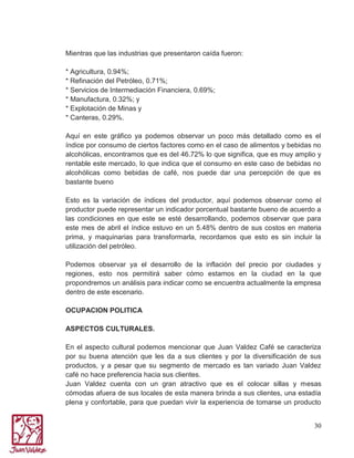 Mientras que las industrias que presentaron caída fueron:
* Agricultura, 0.94%;
* Refinación del Petróleo, 0.71%;
* Servicios de Intermediación Financiera, 0.69%;
* Manufactura, 0.32%; y
* Explotación de Minas y
* Canteras, 0.29%.
Aquí en este gráfico ya podemos observar un poco más detallado como es el
índice por consumo de ciertos factores como en el caso de alimentos y bebidas no
alcohólicas, encontramos que es del 46.72% lo que significa, que es muy amplio y
rentable este mercado, lo que indica que el consumo en este caso de bebidas no
alcohólicas como bebidas de café, nos puede dar una percepción de que es
bastante bueno
Esto es la variación de índices del productor, aquí podemos observar como el
productor puede representar un indicador porcentual bastante bueno de acuerdo a
las condiciones en que este se esté desarrollando, podemos observar que para
este mes de abril el índice estuvo en un 5.48% dentro de sus costos en materia
prima, y maquinarias para transformarla, recordamos que esto es sin incluir la
utilización del petróleo.
Podemos observar ya el desarrollo de la inflación del precio por ciudades y
regiones, esto nos permitirá saber cómo estamos en la ciudad en la que
propondremos un análisis para indicar como se encuentra actualmente la empresa
dentro de este escenario.
OCUPACION POLITICA
ASPECTOS CULTURALES.
En el aspecto cultural podemos mencionar que Juan Valdez Café se caracteriza
por su buena atención que les da a sus clientes y por la diversificación de sus
productos, y a pesar que su segmento de mercado es tan variado Juan Valdez
café no hace preferencia hacia sus clientes.
Juan Valdez cuenta con un gran atractivo que es el colocar sillas y mesas
cómodas afuera de sus locales de esta manera brinda a sus clientes, una estadía
plena y confortable, para que puedan vivir la experiencia de tomarse un producto
30

 