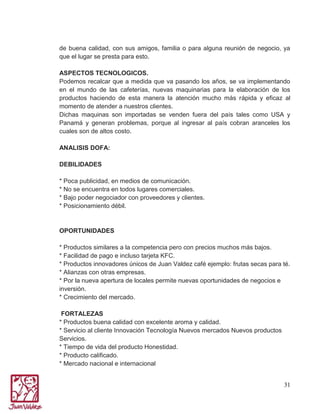 de buena calidad, con sus amigos, familia o para alguna reunión de negocio, ya
que el lugar se presta para esto.
ASPECTOS TECNOLOGICOS.
Podemos recalcar que a medida que va pasando los años, se va implementando
en el mundo de las cafeterías, nuevas maquinarias para la elaboración de los
productos haciendo de esta manera la atención mucho más rápida y eficaz al
momento de atender a nuestros clientes.
Dichas maquinas son importadas se venden fuera del país tales como USA y
Panamá y generan problemas, porque al ingresar al país cobran aranceles los
cuales son de altos costo.
ANALISIS DOFA:
DEBILIDADES
* Poca publicidad, en medios de comunicación.
* No se encuentra en todos lugares comerciales.
* Bajo poder negociador con proveedores y clientes.
* Posicionamiento débil.

OPORTUNIDADES
* Productos similares a la competencia pero con precios muchos más bajos.
* Facilidad de pago e incluso tarjeta KFC.
* Productos innovadores únicos de Juan Valdez café ejemplo: frutas secas para té.
* Alianzas con otras empresas.
* Por la nueva apertura de locales permite nuevas oportunidades de negocios e
inversión.
* Crecimiento del mercado.
FORTALEZAS
* Productos buena calidad con excelente aroma y calidad.
* Servicio al cliente Innovación Tecnología Nuevos mercados Nuevos productos
Servicios.
* Tiempo de vida del producto Honestidad.
* Producto calificado.
* Mercado nacional e internacional
31

 