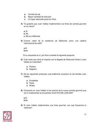 a.
b.
c.

Comida de sal
Mayor variedad de artículos
Un lugar adecuado para los niños.

4) Te gustaría que Juan Valdez implementara una línea de comida gourmet
en su menú?
a. Si
b. No
c. Me es indiferente
5) Conoce usted de la existencia de Starbucks como una cadena
internacional de café?
a.Si
b.No
Si su respuesta es sí, por favor conteste la siguiente pregunta:
6) Cual crees que sería el impacto con la llegada de Starbucks frente a Juan
Valdez en Colombia?
a. Positivo
b. Negativo
7) De los siguientes productos cual preferirías encontrar en las tiendas Juan
Valdez.
a. Ensaladas
b. Pasta
c. Wraps
8) Compraría en Juan Valdez si los precios de la nueva comida gourmet que
van a implementar se encuentran entre $15.000 y $30.000?
a.Si
b.No
9) Si Juan Valdez implementara una línea gourmet, con qué frecuencia lo
visitarías?

42

 