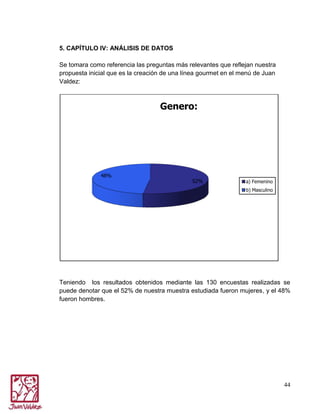 5. CAPÍTULO IV: ANÁLISIS DE DATOS
Se tomara como referencia las preguntas más relevantes que reflejan nuestra
propuesta inicial que es la creación de una línea gourmet en el menú de Juan
Valdez:

Genero:

48%

52%

a) Femenino
b) Masculino

Teniendo los resultados obtenidos mediante las 130 encuestas realizadas se
puede denotar que el 52% de nuestra muestra estudiada fueron mujeres, y el 48%
fueron hombres.

44

 