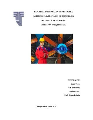 REPUBLICA BOLIVARIANA DE VENEZUELA
INSTITUTO UNIVERSITARIO DE TECNOLOGIA
“ANTONIO JOSE DE SUCRE”
EXTENSION BARQUISIMETO
INTEGRANTE:
Juan Tovar
C.I. 20.176.063
Sección: “S1”
Prof: Diana Daboin.
Barquisimeto, Julio 2015
VENTILADORES
 