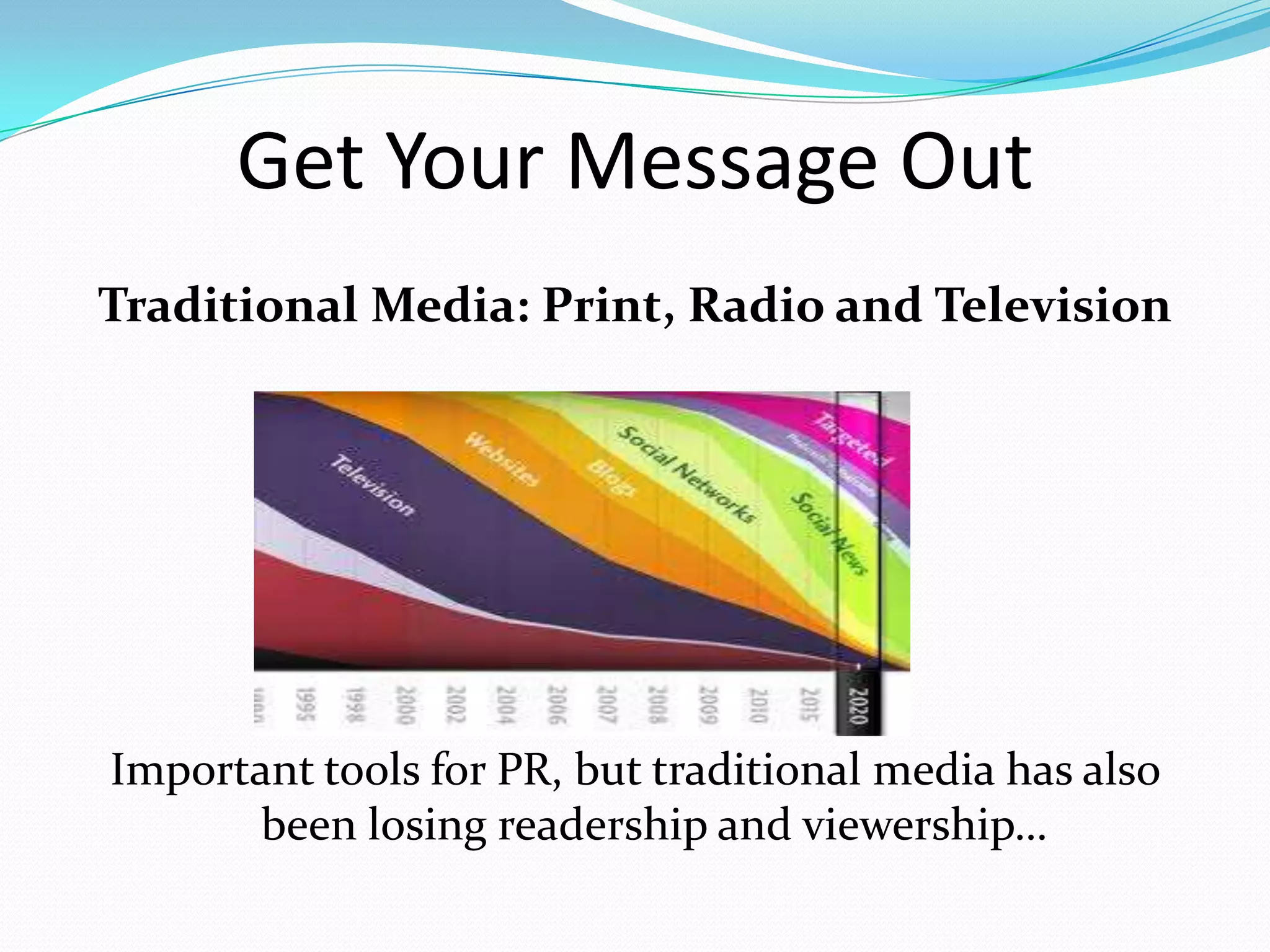 Get Your Message Out
Traditional Media: Print, Radio and Television




Important tools for PR, but traditional media has also
       been losing readership and viewership…
 