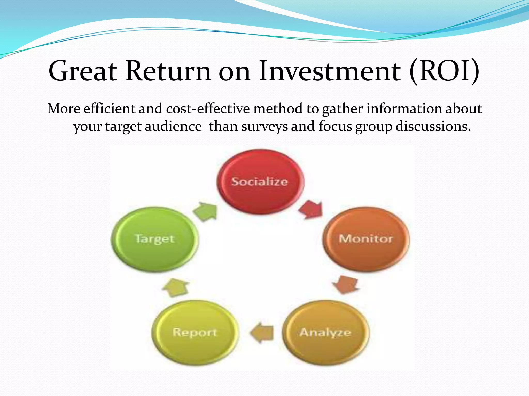 Great Return on Investment (ROI)
More efficient and cost-effective method to gather information about
   your target audience than surveys and focus group discussions.
 