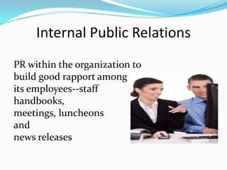 Internal Public Relations
PR within the organization to
build good rapport among
its employees--staff
handbooks,
meetings, luncheons
and
news releases
 