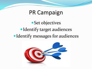 PR Campaign
          Set objectives
    Identify target audiences
 Identify messages for audiences
 